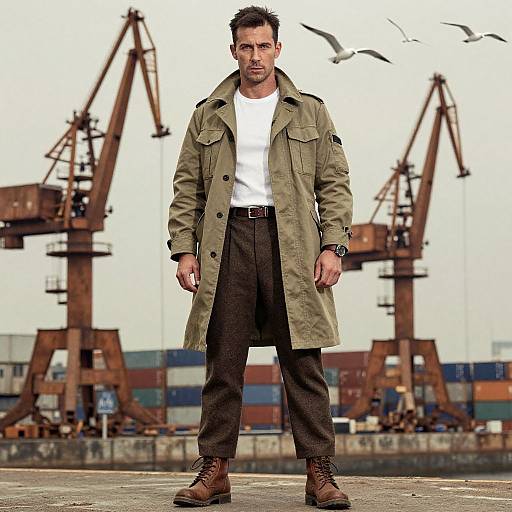 Photograph of a rugged, dark-haired man in a green military-style coat, white t-shirt, brown pants, and boots, standing in front of