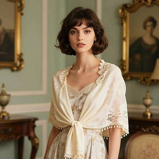 Photograph of a young woman with short black hair, wearing an ivory lace dress with a tied front, standing in a vintage, ornately decorated room
