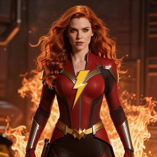 Female Superhero in Red Lightning Suit