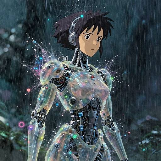 Anime-style digital artwork of a young woman with black hair and wide eyes, wearing a futuristic, glowing, transparent robotic armor in a rainy night setting.