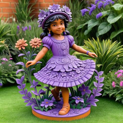 Aztec-Style Playful Child Figurine in Flower Garden