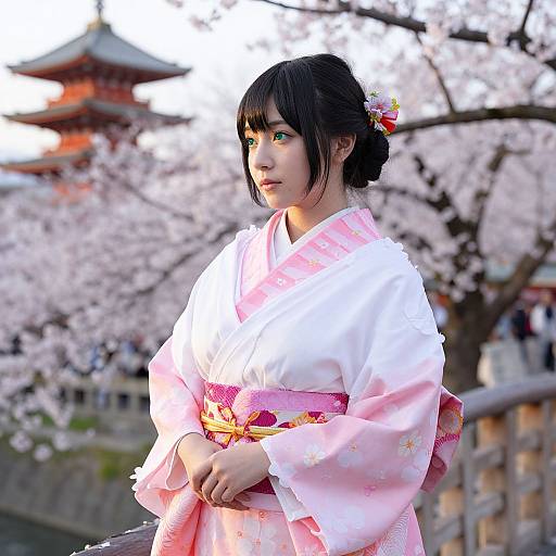 Photograph of a Japanese woman with black hair in a pink and white kimono, standing in front of cherry blossom trees, with a traditional pagoda