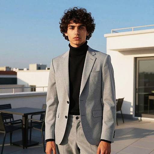 Photograph of a curly-haired young man with medium skin tone, wearing a light gray suit over a black turtleneck, standing on a rooftop terrace