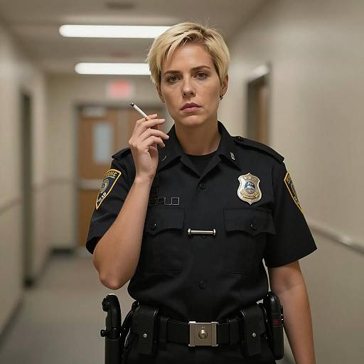 Serious Blonde Officer in Dim Hallway