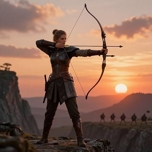Photograph of a female archer in medieval armor, drawing a bow at sunset on a rocky cliff, with silhouetted archers in the