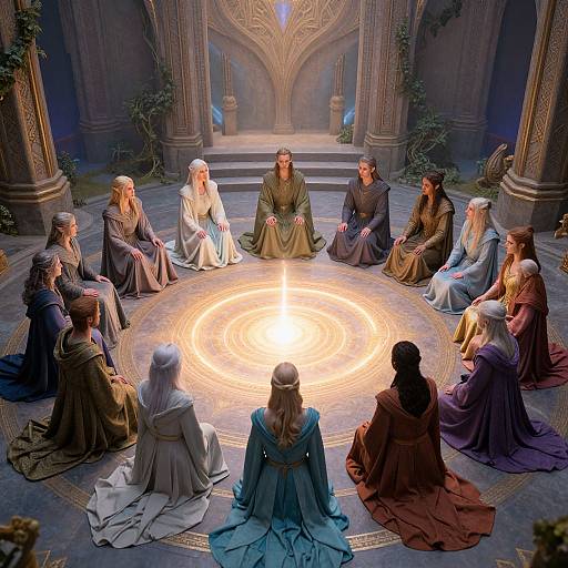 Photograph of a circular medieval group meditating around a glowing, central fire in an ornate, stone-arched hall with intricate patterns.