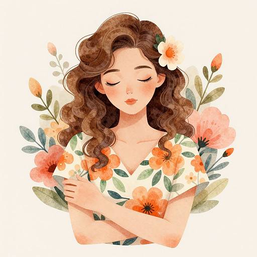 Digital illustration of a serene woman with wavy brown hair, closed eyes, and a flower in her hair, wearing a floral dress, surrounded by colorful