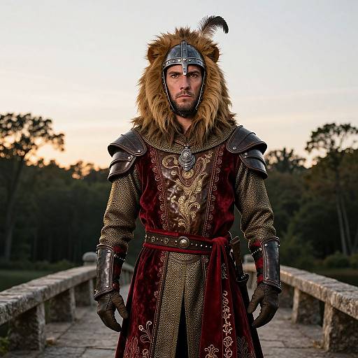 Photograph of a serious man in medieval Viking armor with a lion mane helmet, standing on a stone bridge at sunset.