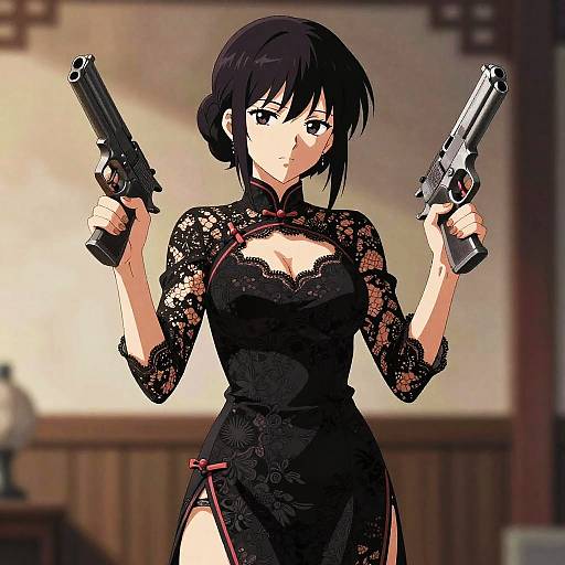 Digital anime-style drawing of a black-haired woman in a lace black cheongsam, holding two handguns, standing confidently indoors.