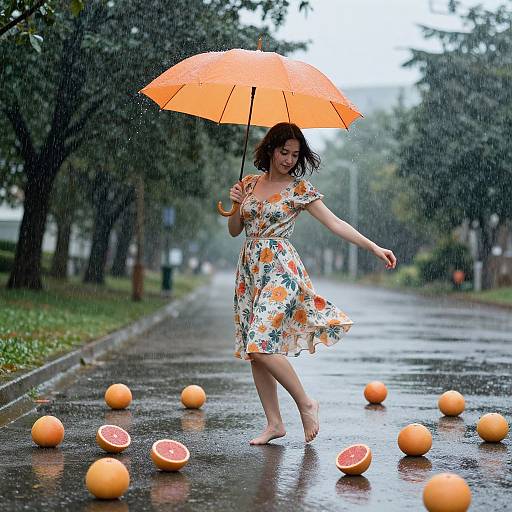 Photograph of a smiling woman in a floral dress, barefoot, holding an orange umbrella, dancing on a rainy street with scattered oranges and orange halves