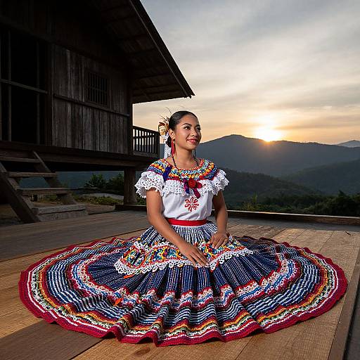 Photograph of a smiling Latina woman in traditional Mexican dress with a colorful, wide skirt, sitting on a wooden deck at sunset, mountains in the background