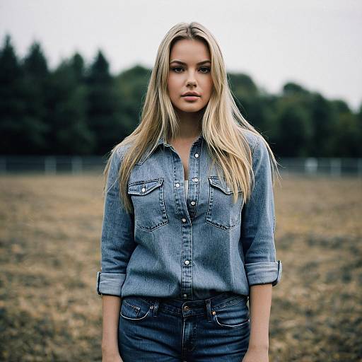 Blonde Woman in Denim Outfit Outdoors