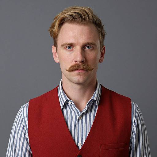 Photograph of a fair-skinned, blue-eyed man with a blonde buzz cut and brown mustache, wearing a striped shirt and red vest, against