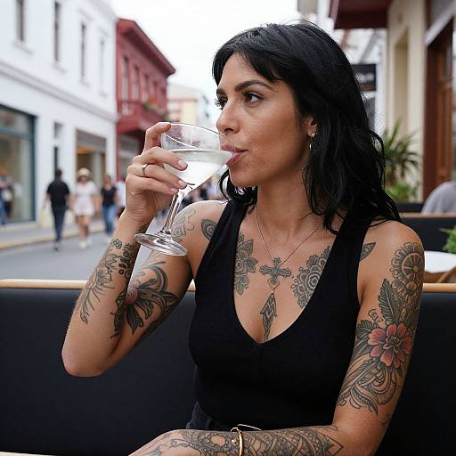 Photograph of a tattooed woman with black hair, sipping a clear drink, wearing a black tank top, seated outdoors in a busy urban street