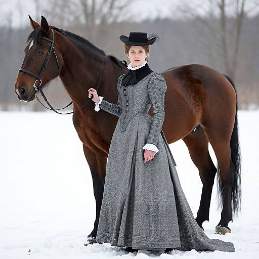 Victorian woman in black dress and hat stands beside a brown horse in snowy field, holding its reins, photograph.