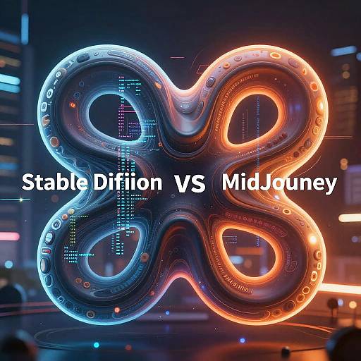 Digital art of glowing, neon blue and orange knot-shaped object with 