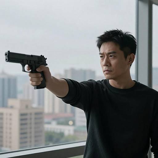 Serious Man with Handgun in Cityscape