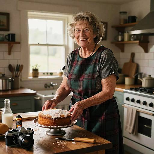 Elderly Woman Baking Cake in Farmhouse Kitchen