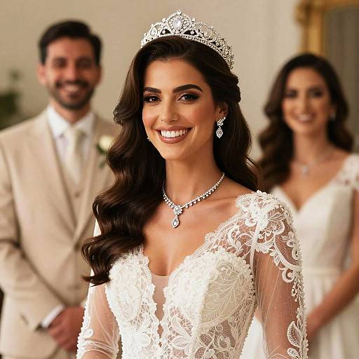 Photograph of a smiling bride with long dark hair, wearing a white lace wedding dress, tiara, and necklace, with groom and bridesmaid in