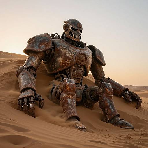 Photorealistic CGI of a weathered, ornate, armored robot with intricate patterns, sitting on a sandy desert dune at sunset.