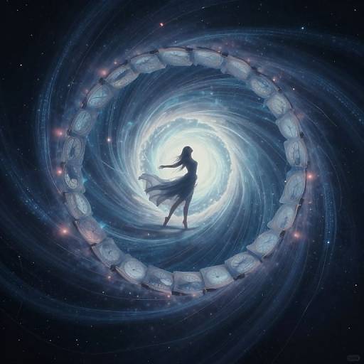 Silhouetted figure in flowing dress, dancing within a swirling, cosmic vortex of blue and white, surrounded by glowing spheres. Digital art.