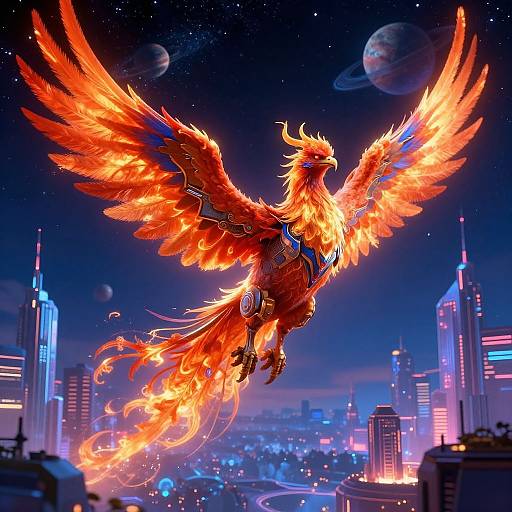 Digital artwork of a fiery, orange-winged phoenix soaring above a futuristic, neon-lit cityscape with tall skyscrapers and planets in the star