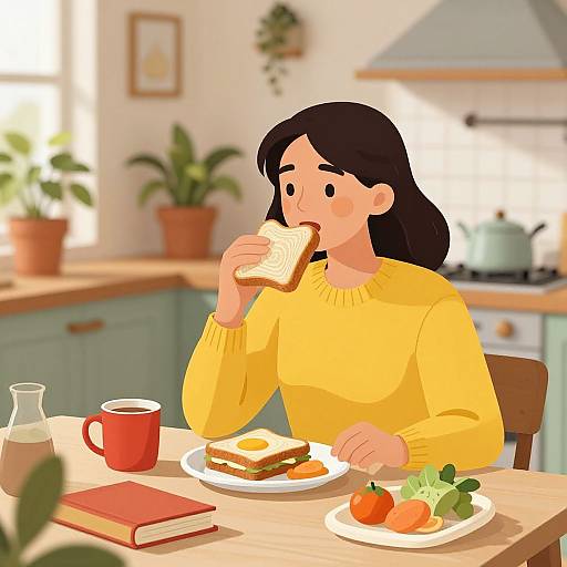Digital illustration of a woman with long black hair, wearing a yellow sweater, eating toast in a bright kitchen with green cabinets. A red mug, plate
