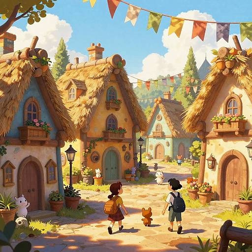 Digital anime-style illustration of a sunlit, whimsical village with thatched-roof cottages, colorful flower boxes, and two children walking, accompanied