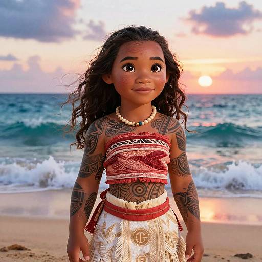 Photograph of a young African girl with dark skin, curly hair, and intricate tribal tattoos, wearing a red and white traditional dress, standing on a