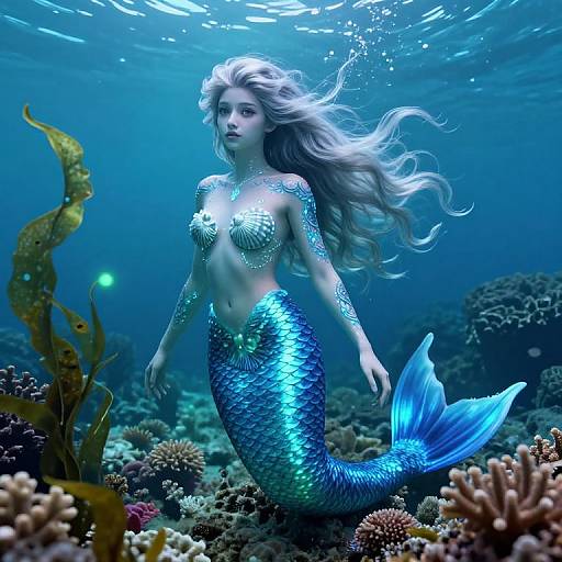 Digital artwork of a beautiful, silver-scaled mermaid with long, flowing white hair, glowing blue tail, and shimmering scales, swimming in a