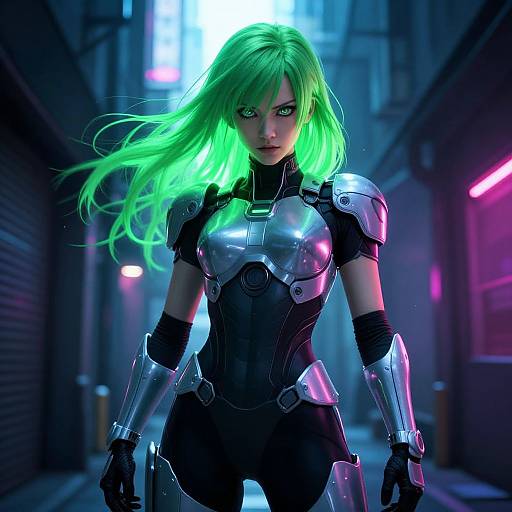 CGI cyberpunk woman with neon green hair, glowing green eyes, and metallic armor in a dark, neon-lit alley at night.