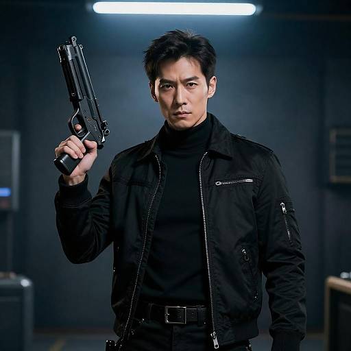 Blue-Lit Industrial Futuristic Gunman Portrait