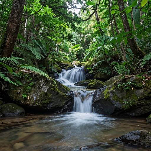 Photograph of a serene forest waterfall cascading over moss-covered rocks, surrounded by lush green ferns and trees, with sunlight filtering through leaves.