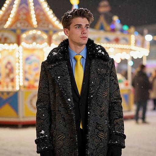 Photograph of a young man with short brown hair, wearing a black patterned coat, blue shirt, and bright yellow tie, standing in front of