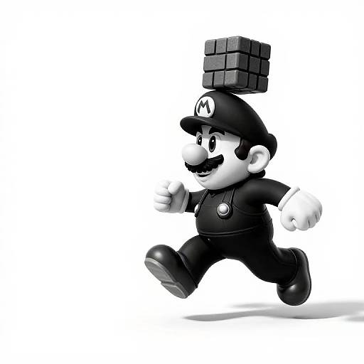 Digital illustration of Mario in black attire, wearing a brick on his hat, running with thumbs up, white background.