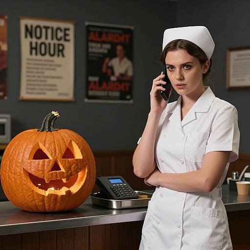 Nurse with Pumpkin and Notice Sign