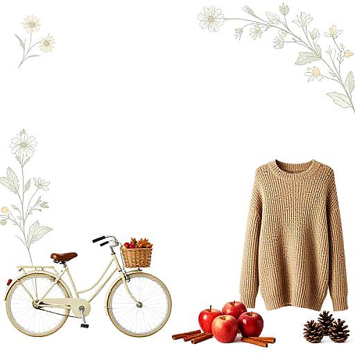 Autumn-themed collage: beige knitted sweater, white bicycle with wicker basket, red apples, pinecone, cinnamon sticks, white background with delicate