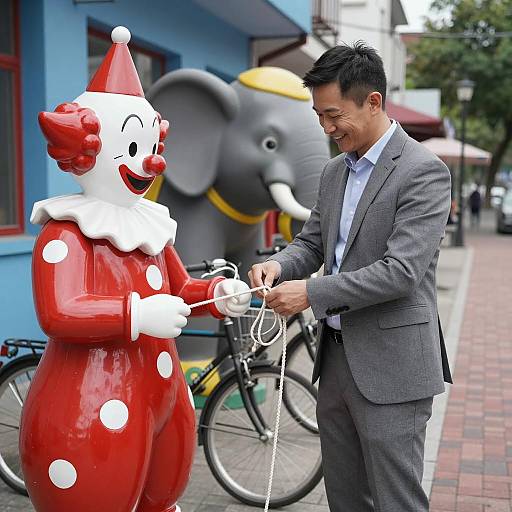 Cheerful Man with Clown Statue and Elephants