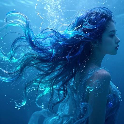 Digital artwork of a serene, blue-haired woman underwater with flowing hair, glowing bubbles, and a tranquil expression, surrounded by ethereal blue light.