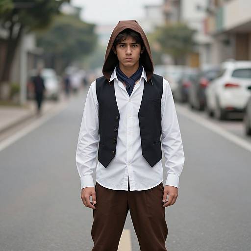 Young man with medium skin tone, dark hair, wearing white shirt, black vest, brown pants, and brown hooded jacket, standing confidently on a