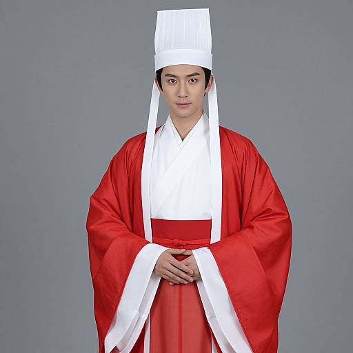Photograph of an Asian man in traditional red and white Japanese Shinto priest attire, standing against a plain gray background.