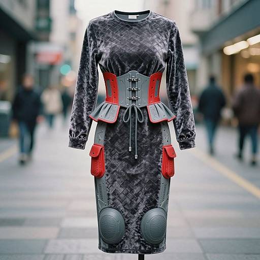 Photograph of a futuristic, gray, velvet dress with red corset, gray armor accents, and red pouches, displayed in a blurred urban street
