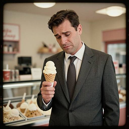 Photograph of a serious, middle-aged man in a dark suit holding a vanilla ice cream cone in an ice cream shop. Blurred background includes display