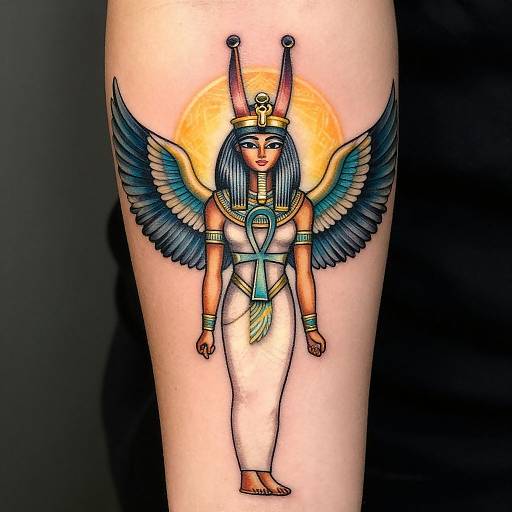 Colorful tattoo of an ancient Egyptian goddess with blue wings, black hair, golden headpiece, white dress, and green ankh necklace on human leg