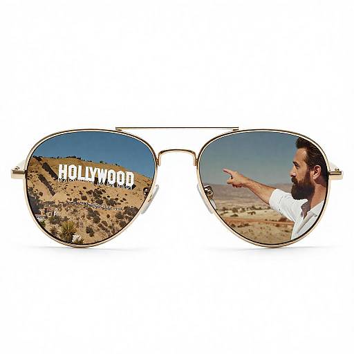Aviator Sunglasses Reflecting Hollywood Sign and Man Pointing