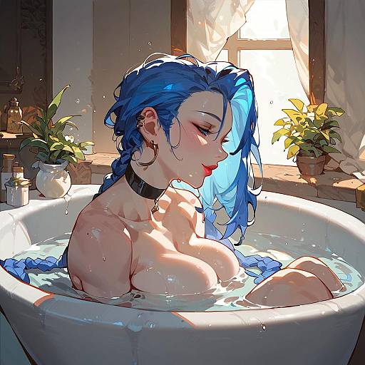 Anime Style Woman in Bathtub with Blue Hair