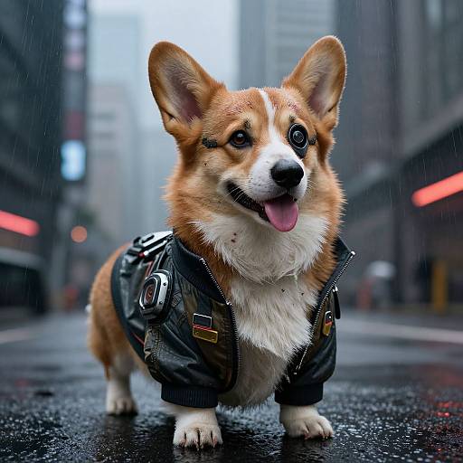 Photograph of a cute, tan and white Corgi with large ears, wearing a black leather jacket, standing on a rainy city street with blurred
