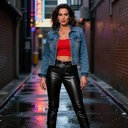 Photograph of a confident woman with wavy dark hair, wearing a red crop top, blue denim jacket, and black leather pants, standing in a