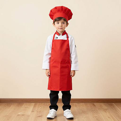 Photograph of a young boy in a red chef hat and apron, white shirt, black pants, and white shoes, standing on wooden floor against