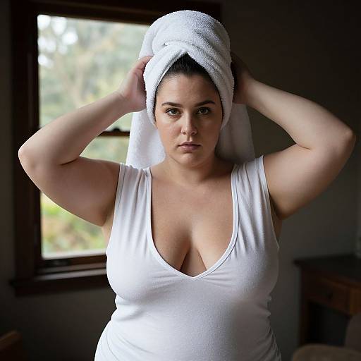Photograph of a plus-sized woman with a white towel wrapped around her head, wearing a low-cut white tank top, standing indoors by a window.